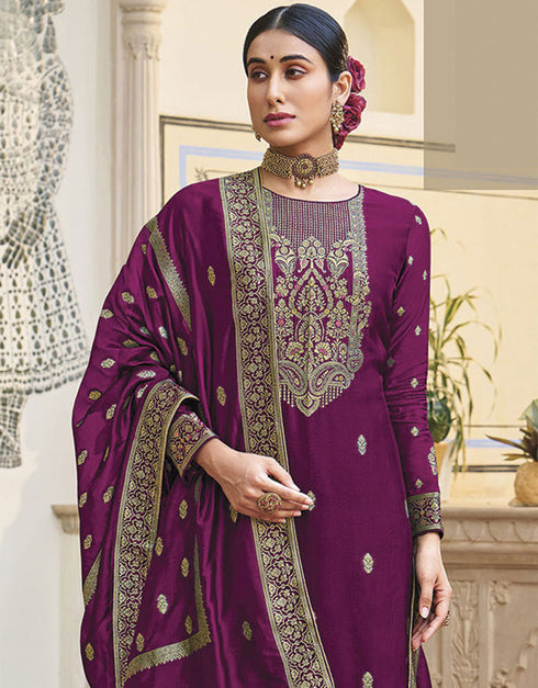 Trendy Traditional Party Wear Salwar Suit Purple Viscose Silk Pant Straight Close-up View